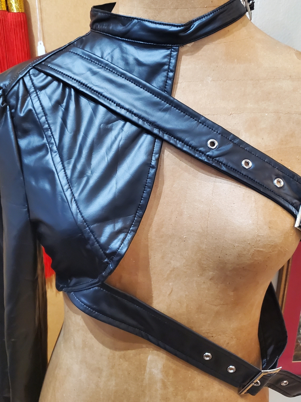 Romwe Faux Leather Asymmetrical Harness Top in Black D